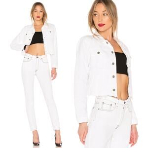 GRLFRND Cara Cropped Denim Jacket Women’s Size Large Vienna Raw Hem Distressed